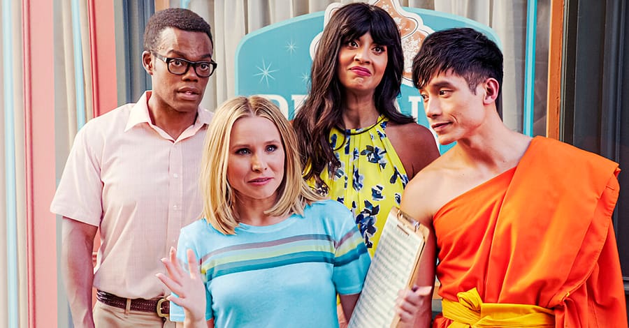 Os quatro personagens principais da série The Good Place